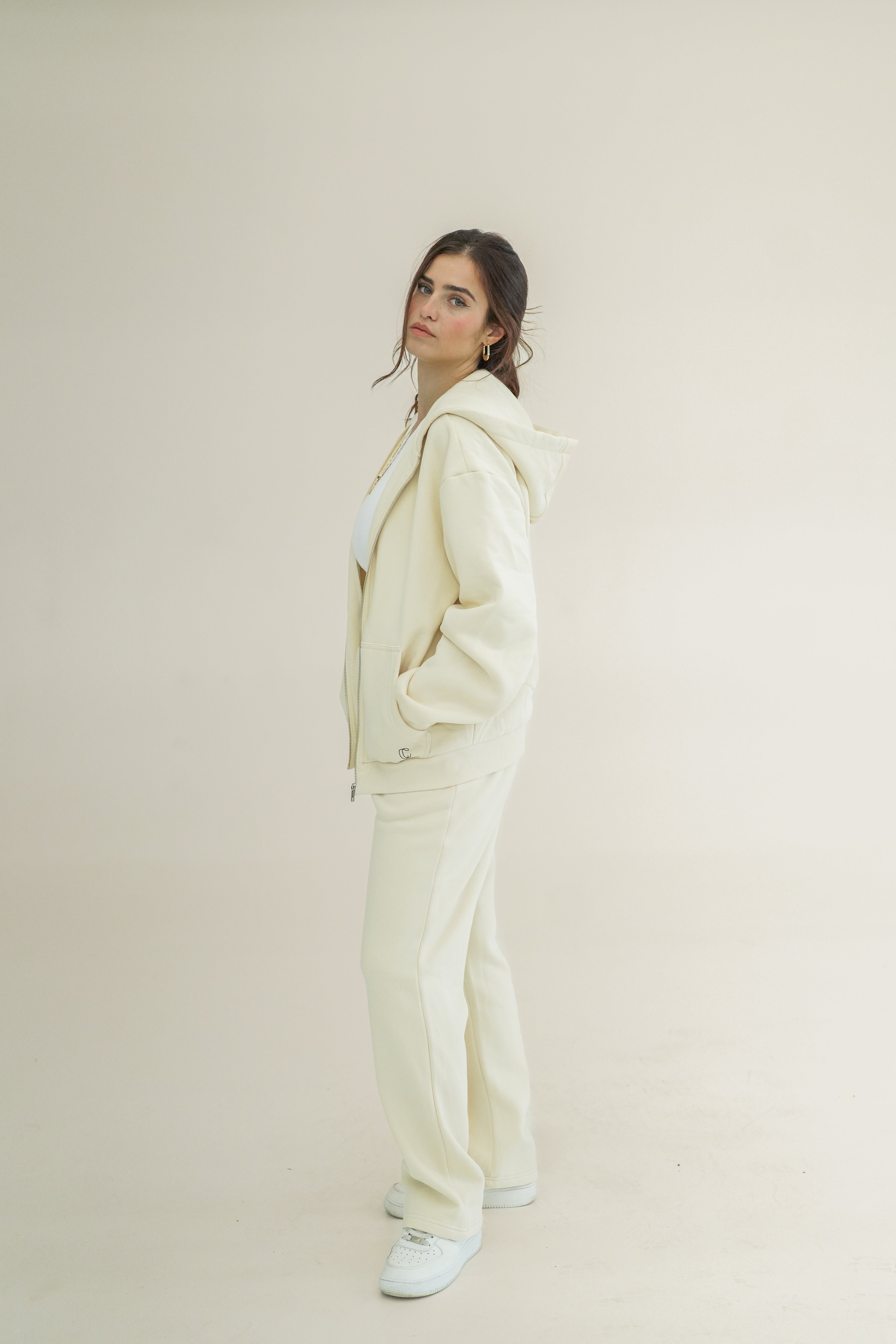 Fluffy Damen Zipper Jogginganzug creme