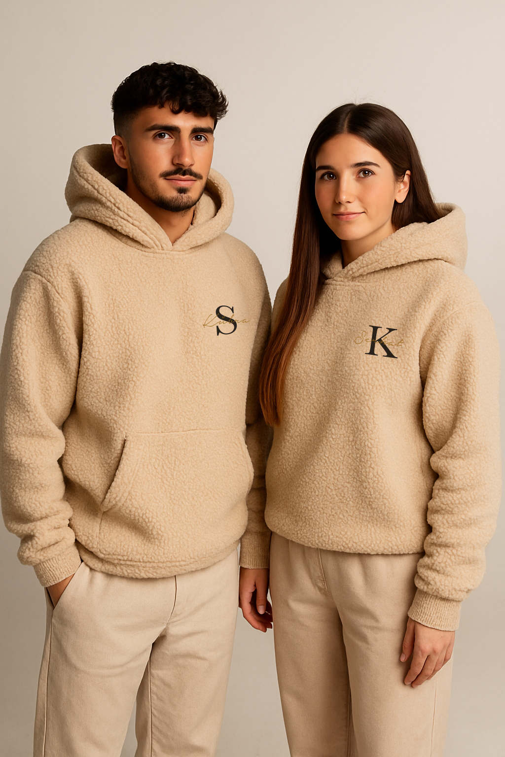 2x Partner Hoodies Teddy mit Wunsch Buchstaben & Namen Sandbeige
