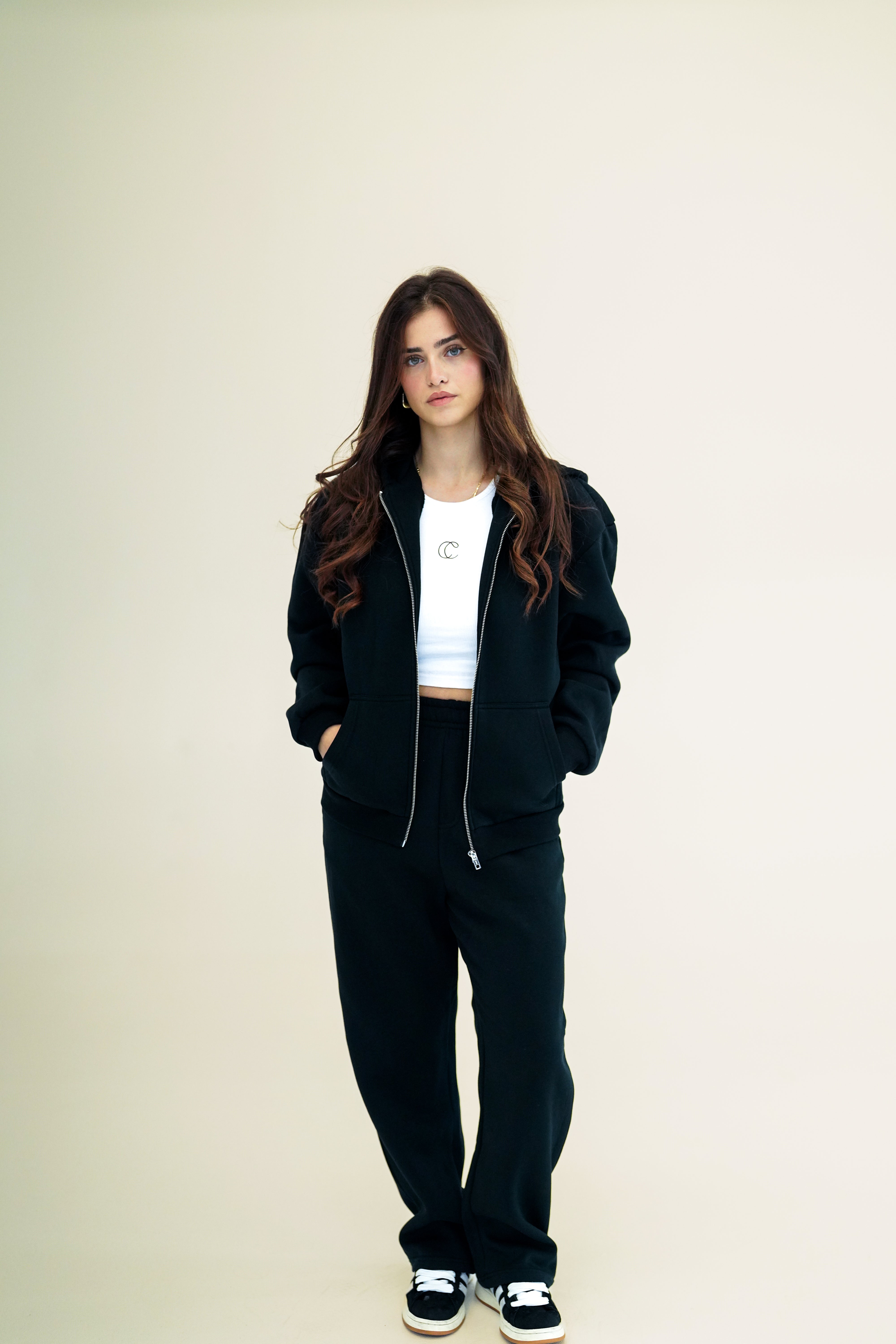 Fluffy Damen Zipper Jogginganzug Schwarz