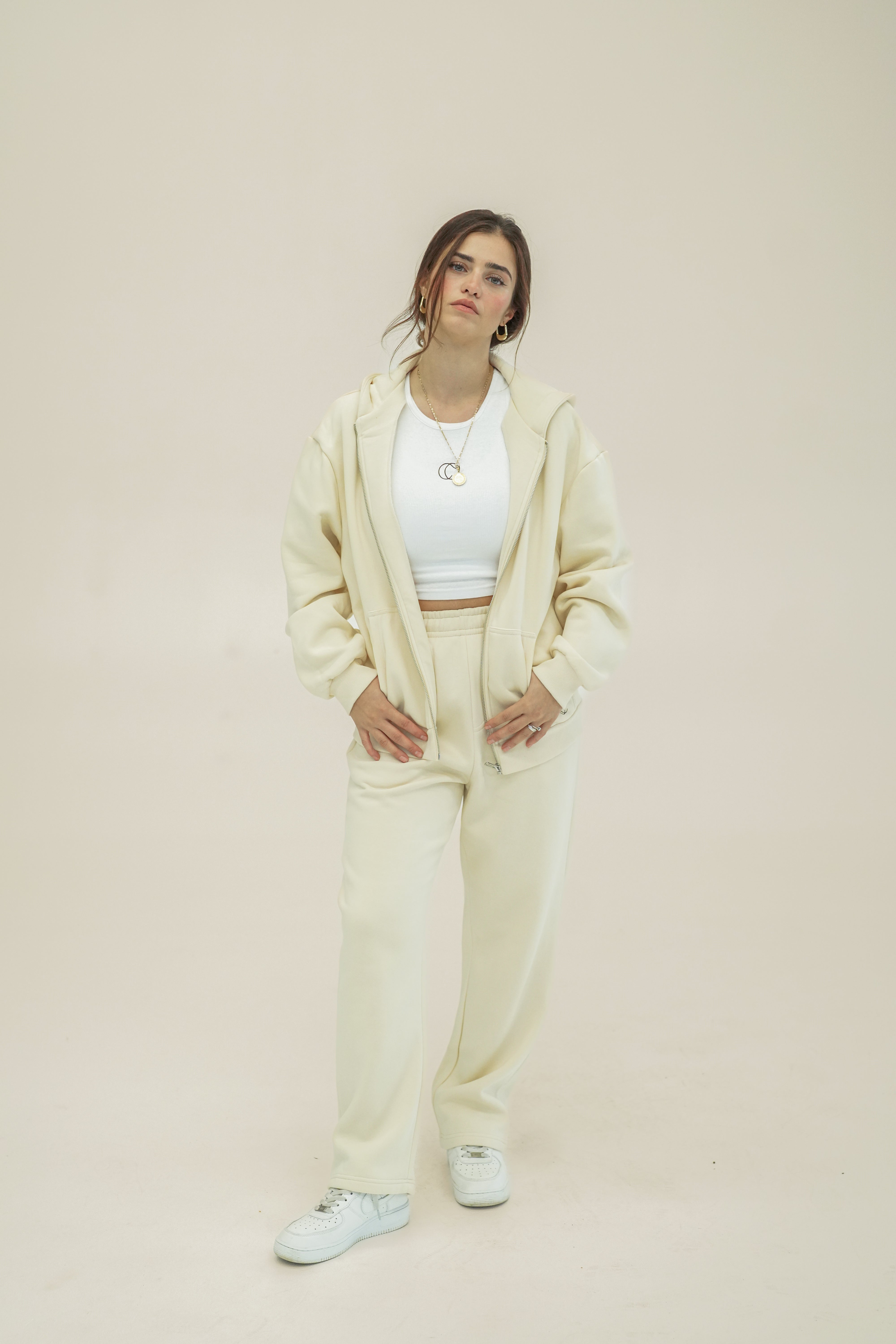 Fluffy Damen Zipper Jogginganzug creme