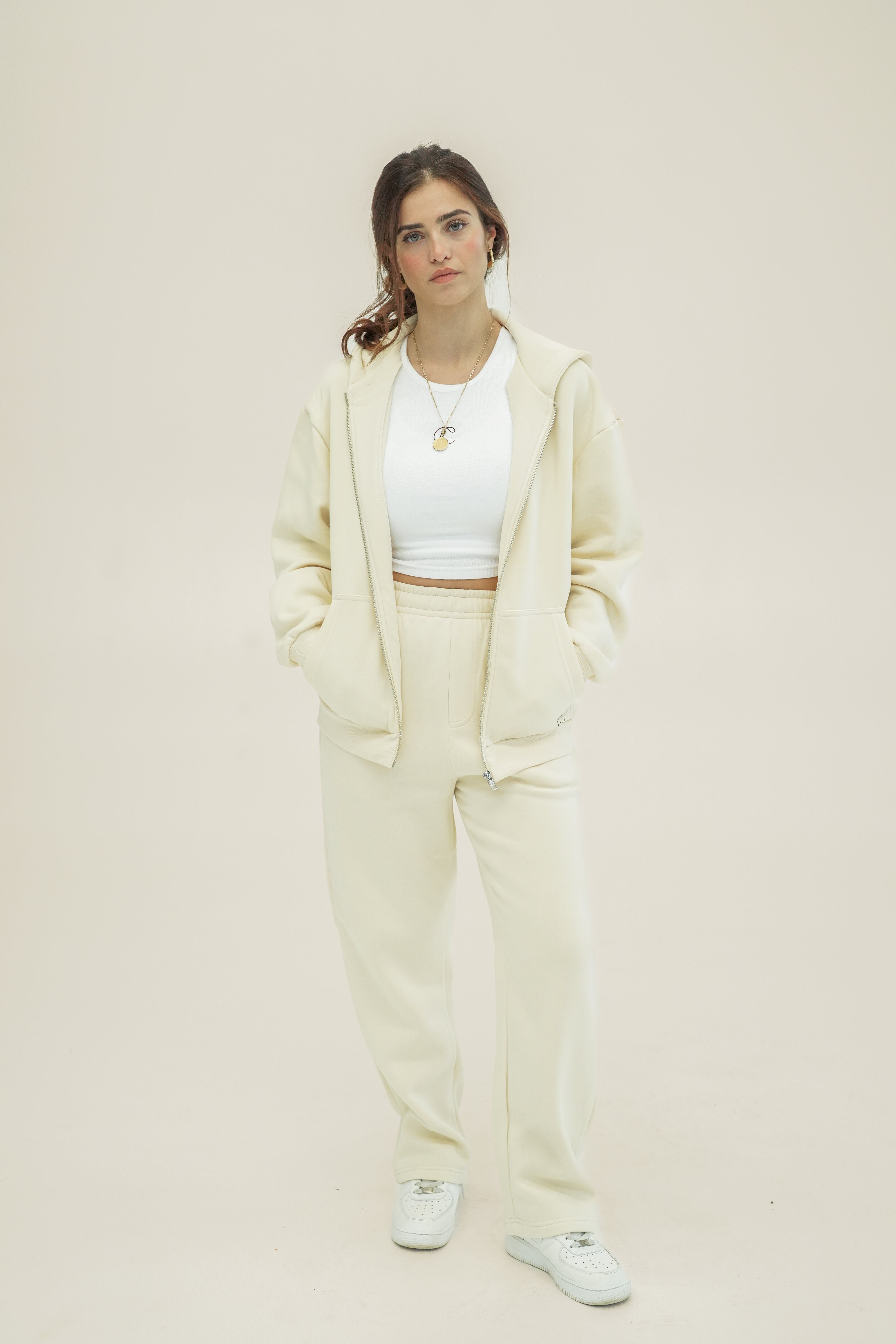 Fluffy Damen Zipper Jogginganzug creme