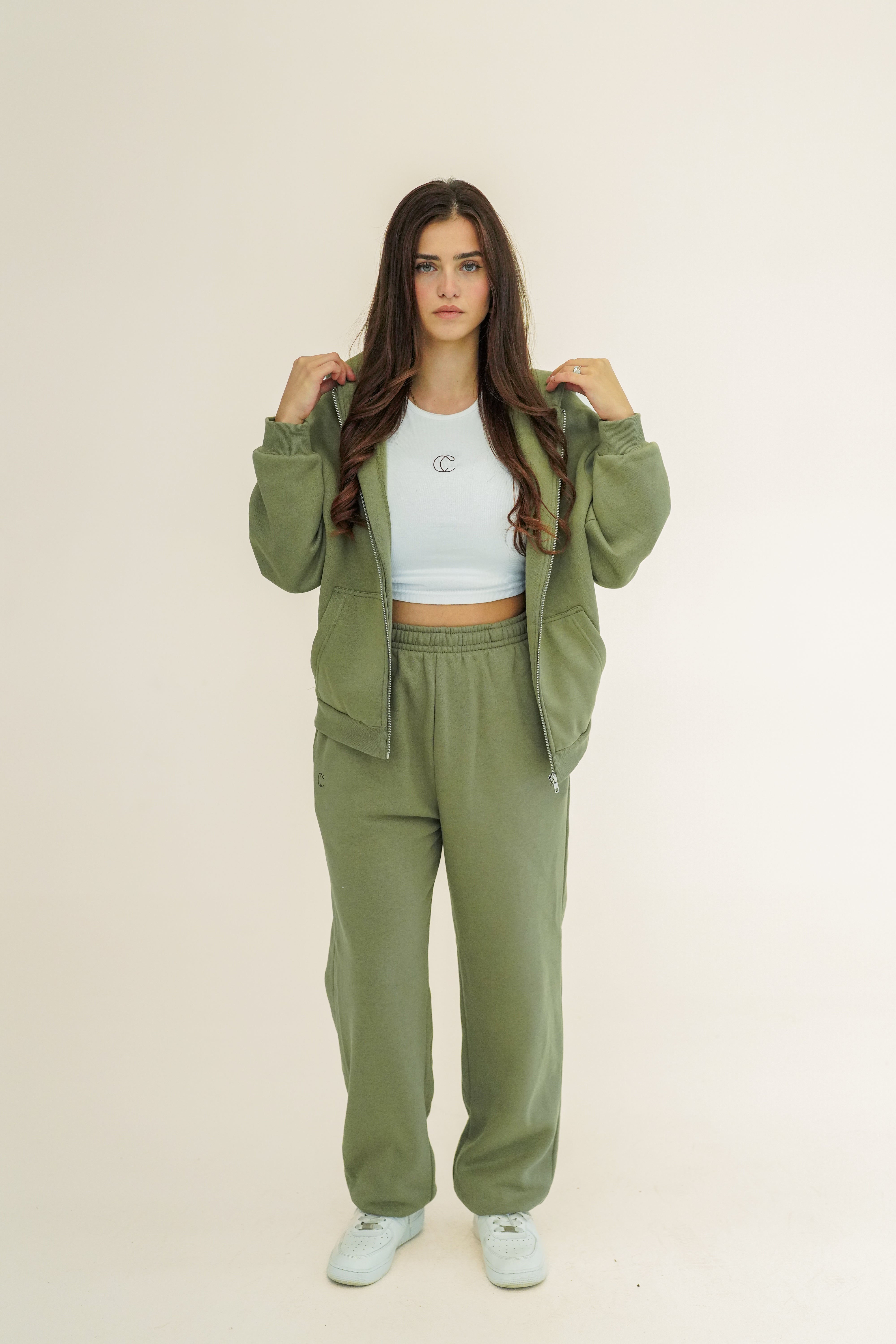 Fluffy Damen Zipper Jogginganzug Olive