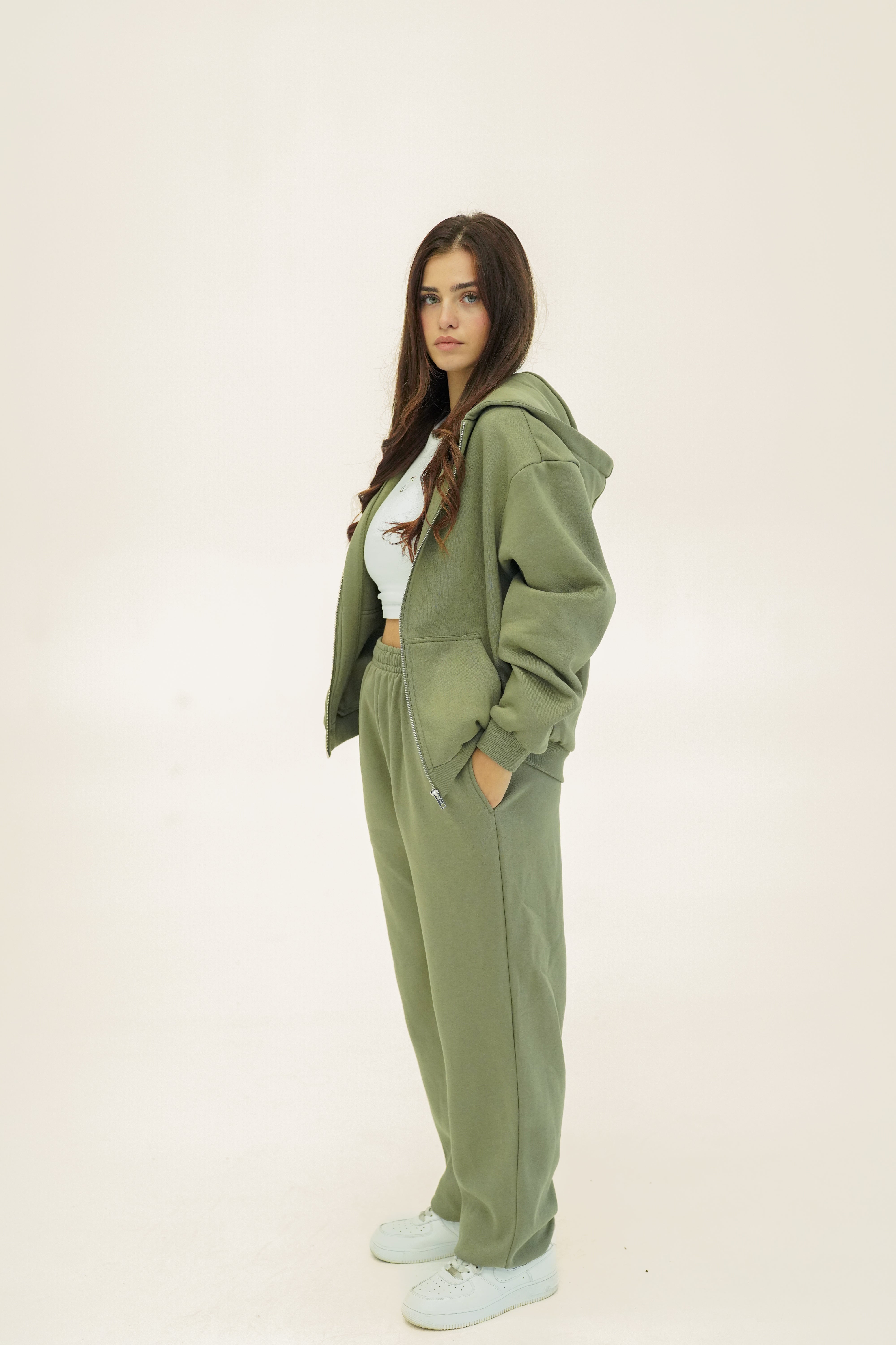 Fluffy Damen Zipper Jogginganzug Olive